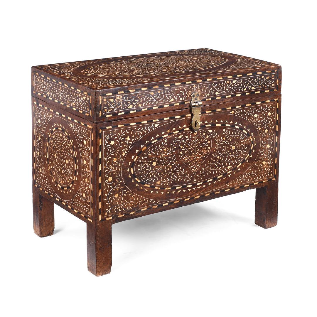 Angled VIew Of Antique Indian Chest From Circa 19th Century With Intricate Traditional-Style Bone Inlay, Decorative Vintage Storage Trunk From The Raj Era