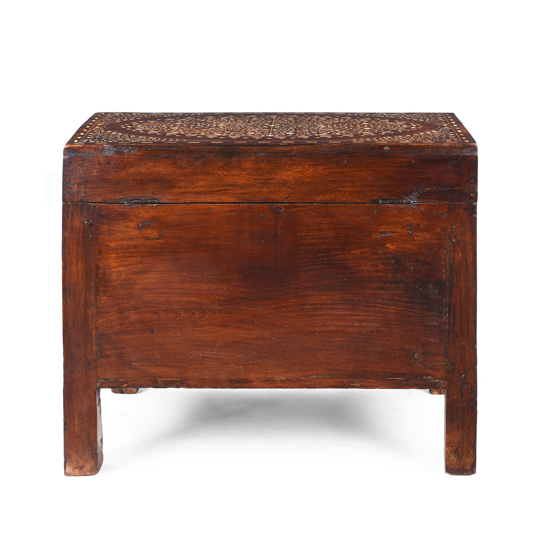 Back Of Antique Indian Chest From Circa 19th Century With Intricate Traditional-Style Bone Inlay, Decorative Vintage Storage Trunk From The Raj Era
