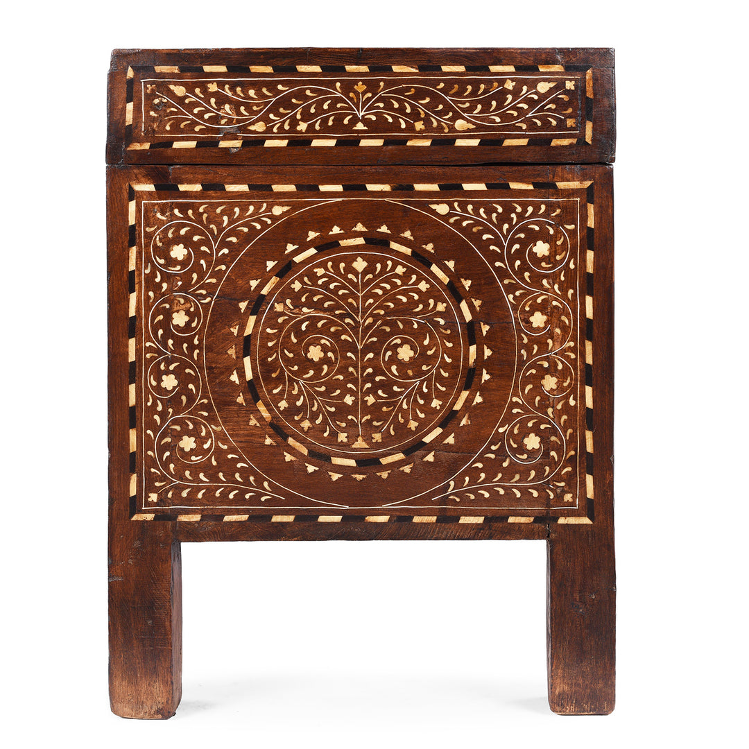 Side View Of Antique Indian Chest From Circa 19th Century With Intricate Traditional-Style Bone Inlay, Decorative Vintage Storage Trunk From The Raj Era