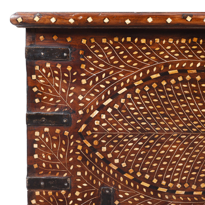 Corner Detail From 19th-Century Indian Teak Chest With Mughal-Inspired Bone Inlay And Aged Patina