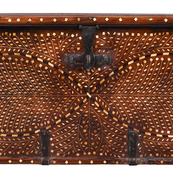 Front Lock Detail From 19th-Century Indian Teak Chest With Mughal-Inspired Bone Inlay And Aged Patina