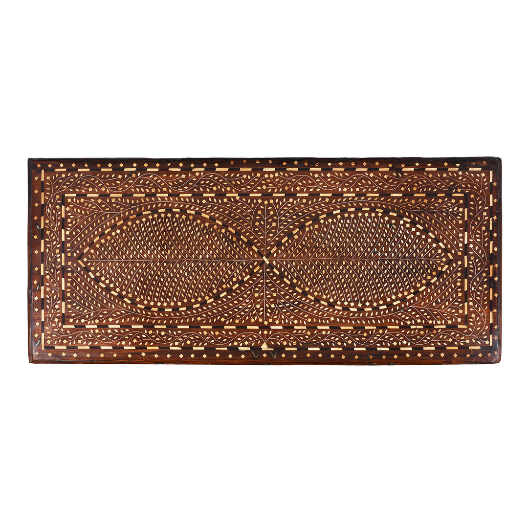 Top Down View Of 19th-Century Indian Teak Chest With Mughal-Inspired Bone Inlay And Aged Patina