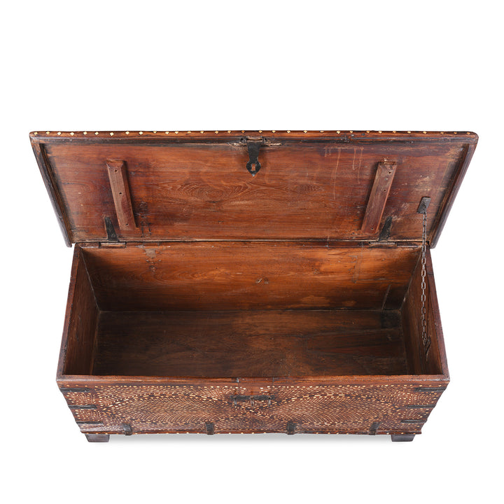 Interior Top Down View Of 19th-Century Indian Teak Chest With Mughal-Inspired Bone Inlay And Aged Patina19th-Century Indian Teak Chest With Mughal-Inspired Bone Inlay And Aged Patina