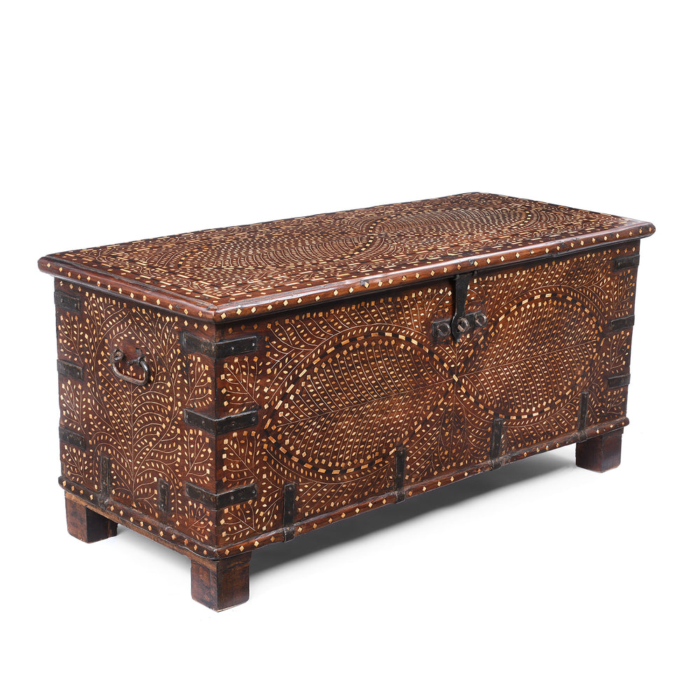 Angled View Of 19th-Century Indian Teak Chest With Mughal-Inspired Bone Inlay And Aged Patina