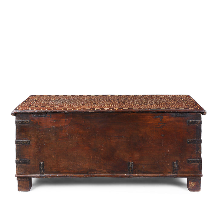 Back View Of 19th-Century Indian Teak Chest With Mughal-Inspired Bone Inlay And Aged Patina