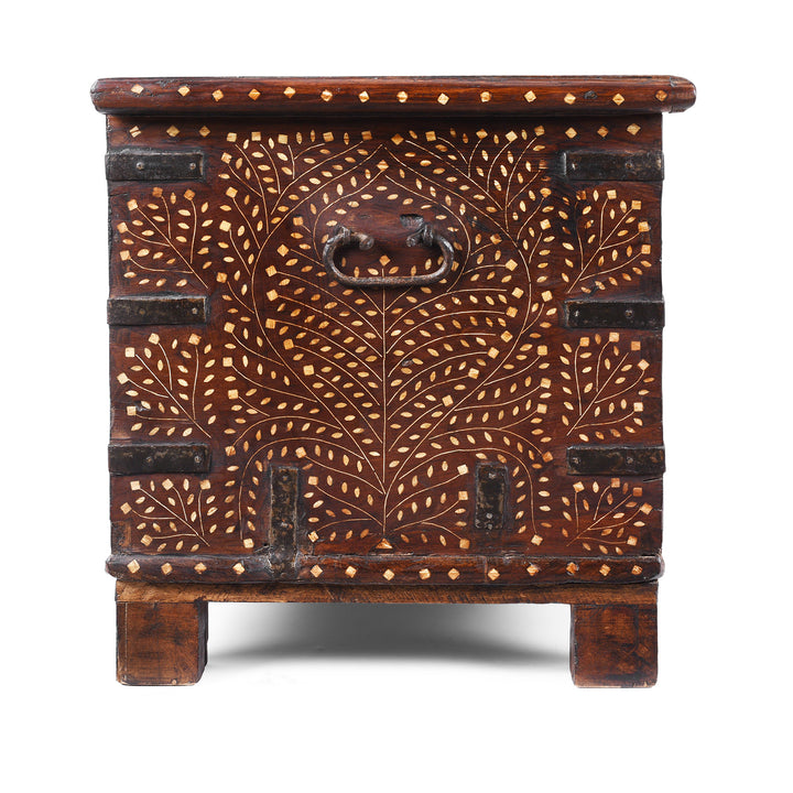 Side View Of 19th-Century Indian Teak Chest With Mughal-Inspired Bone Inlay And Aged Patina