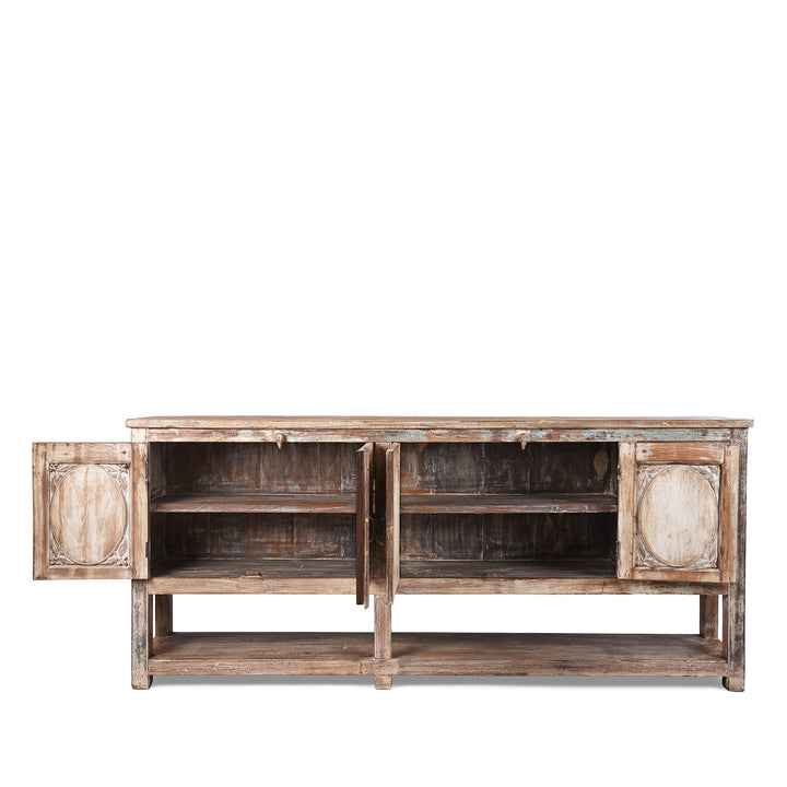 Open Doors View Of Reclaimed Teakwood Sideboard With Painted Finish | Indigo Antiques