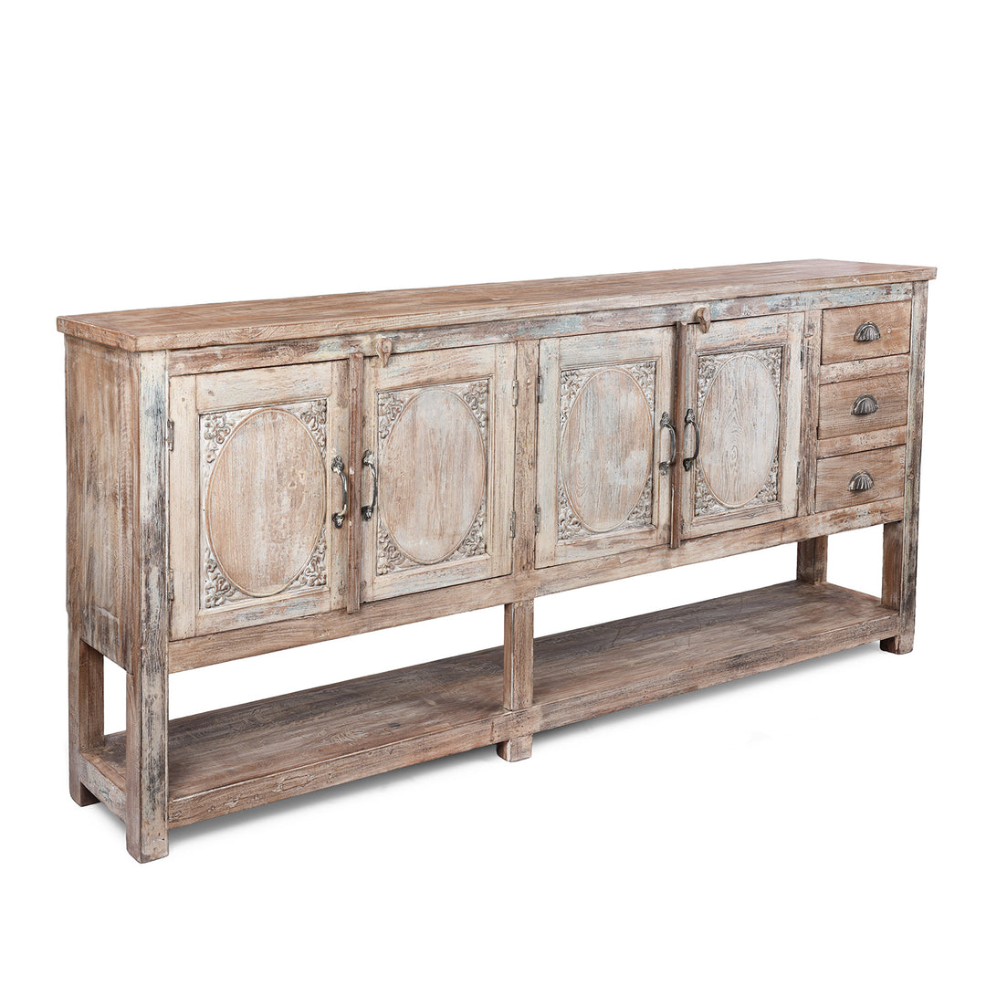 Angled VIew Of Reclaimed Teakwood Sideboard With Painted Finish | Indigo Antiques