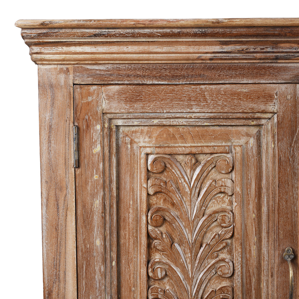 Corner Detail From Reclaimed Teak Cabinet With Deep Floral Carved Doors And Painted Finish From India | Indigo Antiques