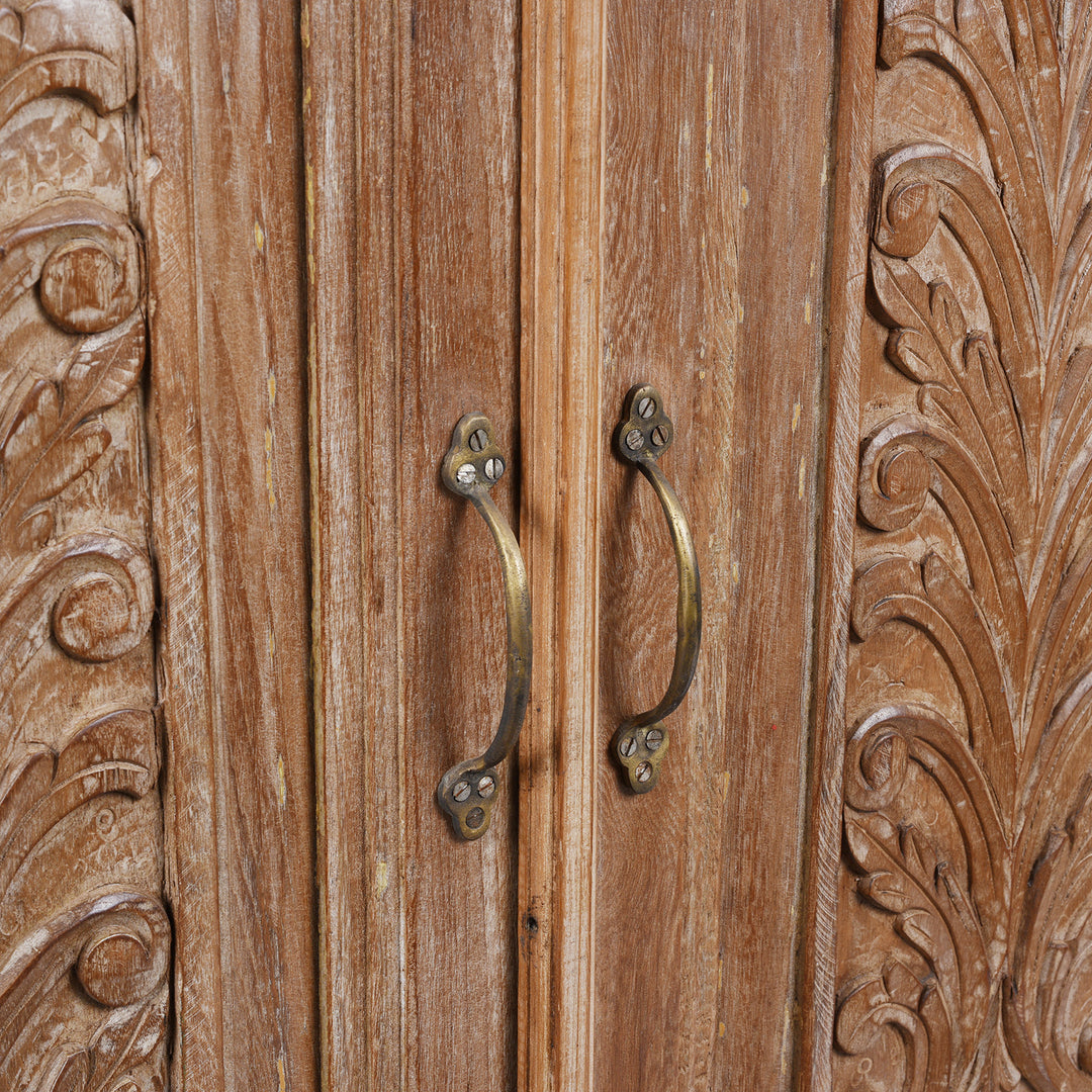 Handles Detail From Reclaimed Teak Cabinet With Deep Floral Carved Doors And Painted Finish From India | Indigo Antiques
