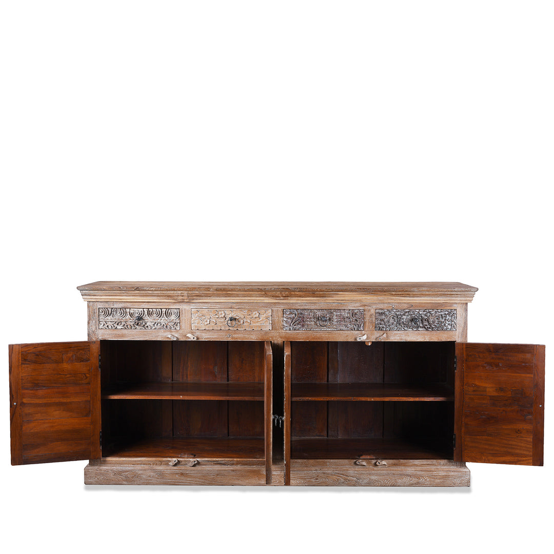 Interior Of Reclaimed Hand Carved Teak Sideboard With Four Drawers And Removable Shelves From Rajasthan And Gujarat | Indigo Antiques