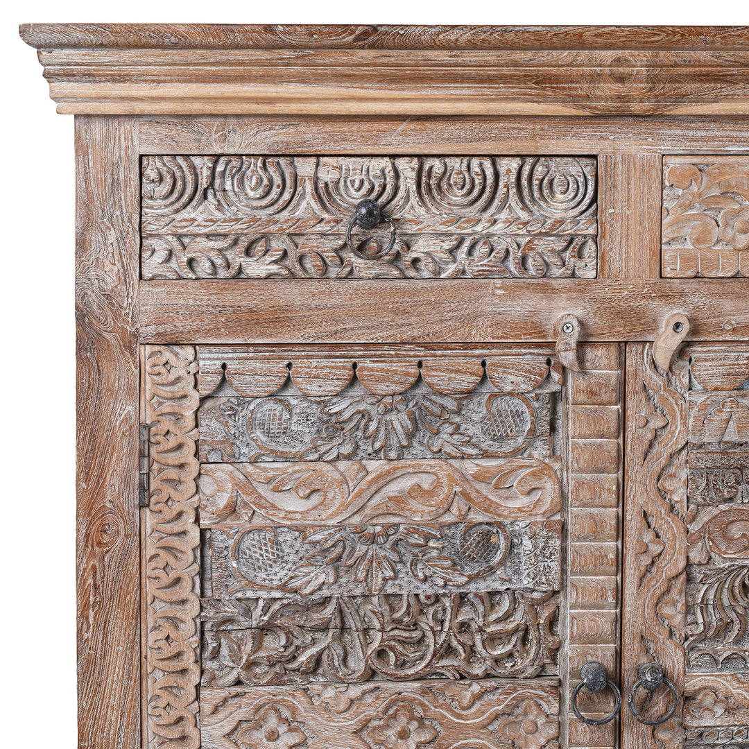 Corner Detail From Reclaimed Hand Carved Teak Sideboard With Four Drawers And Removable Shelves From Rajasthan And Gujarat | Indigo Antiques