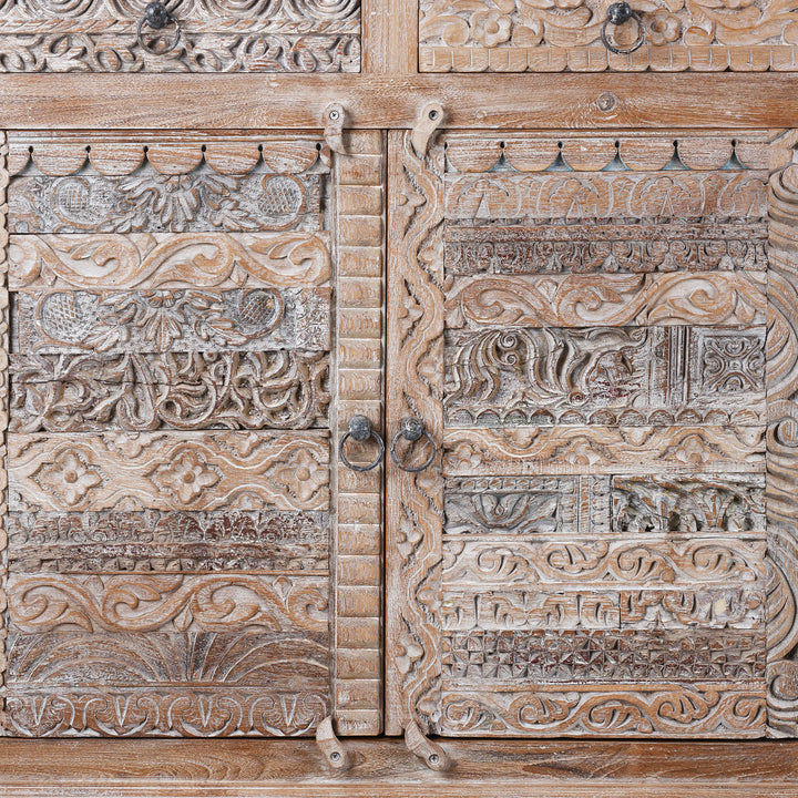 Door Carving Detail From Reclaimed Hand Carved Teak Sideboard With Four Drawers And Removable Shelves From Rajasthan And Gujarat | Indigo Antiques