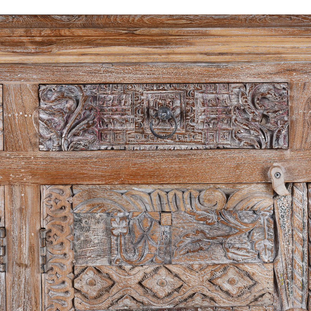 Drawer Detail From Reclaimed Hand Carved Teak Sideboard With Four Drawers And Removable Shelves From Rajasthan And Gujarat | Indigo Antiques