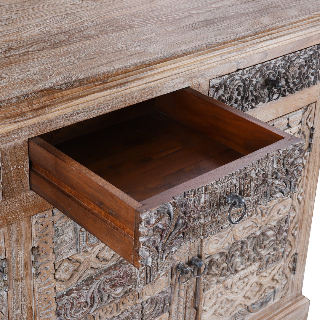 Drawer Detail From Reclaimed Hand Carved Teak Sideboard With Four Drawers And Removable Shelves From Rajasthan And Gujarat | Indigo Antiques