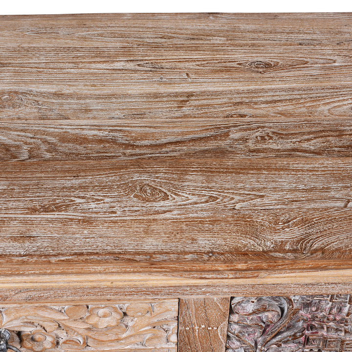 Detail From Top Of Reclaimed Hand Carved Teak Sideboard With Four Drawers And Removable Shelves From Rajasthan And Gujarat | Indigo Antiques