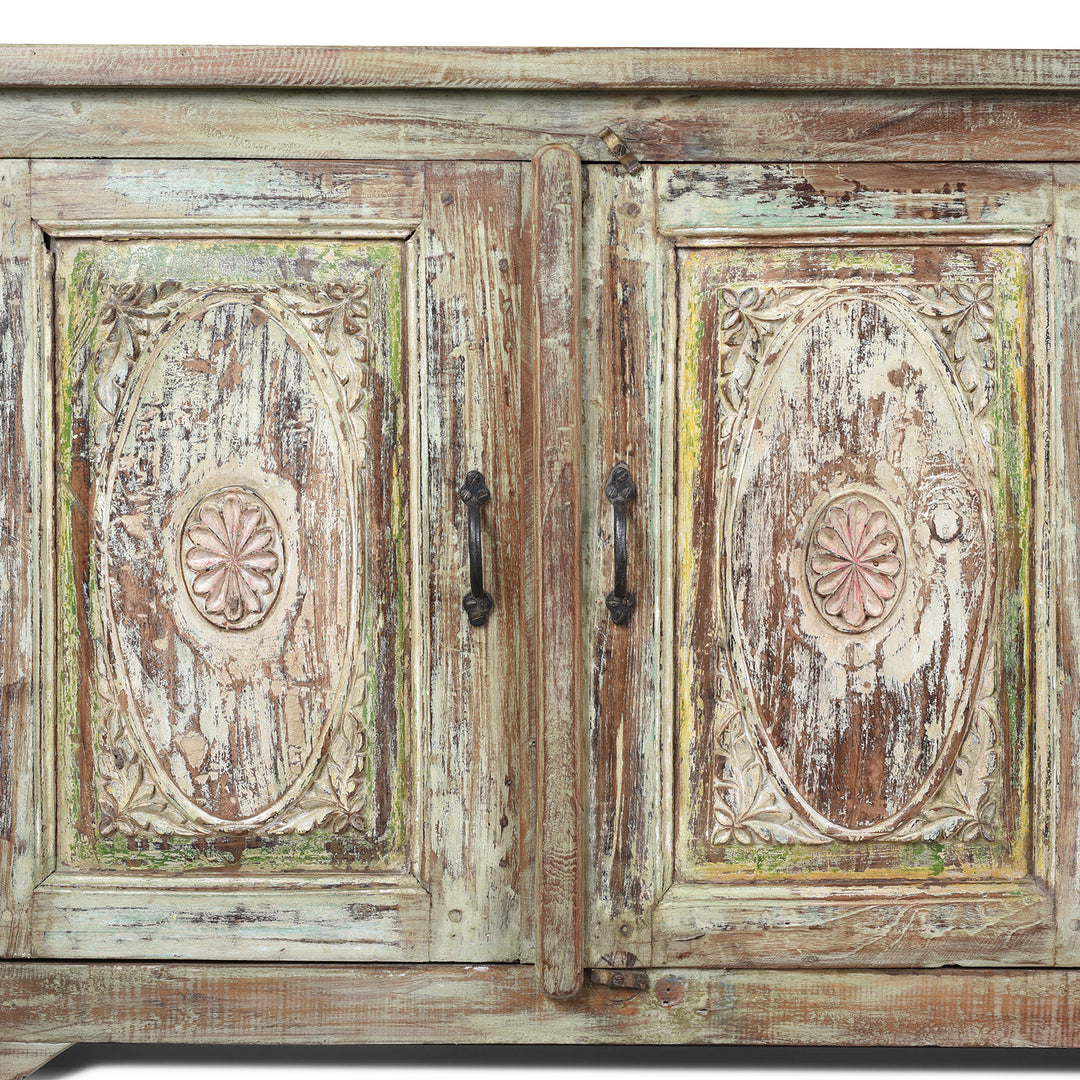 Carving Detail From Door Panels On Green Painted Carved Indian Reclaimed Wood Sideboard