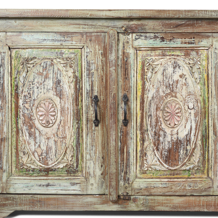 Carving Detail From Door Panels On Green Painted Carved Indian Reclaimed Wood Sideboard