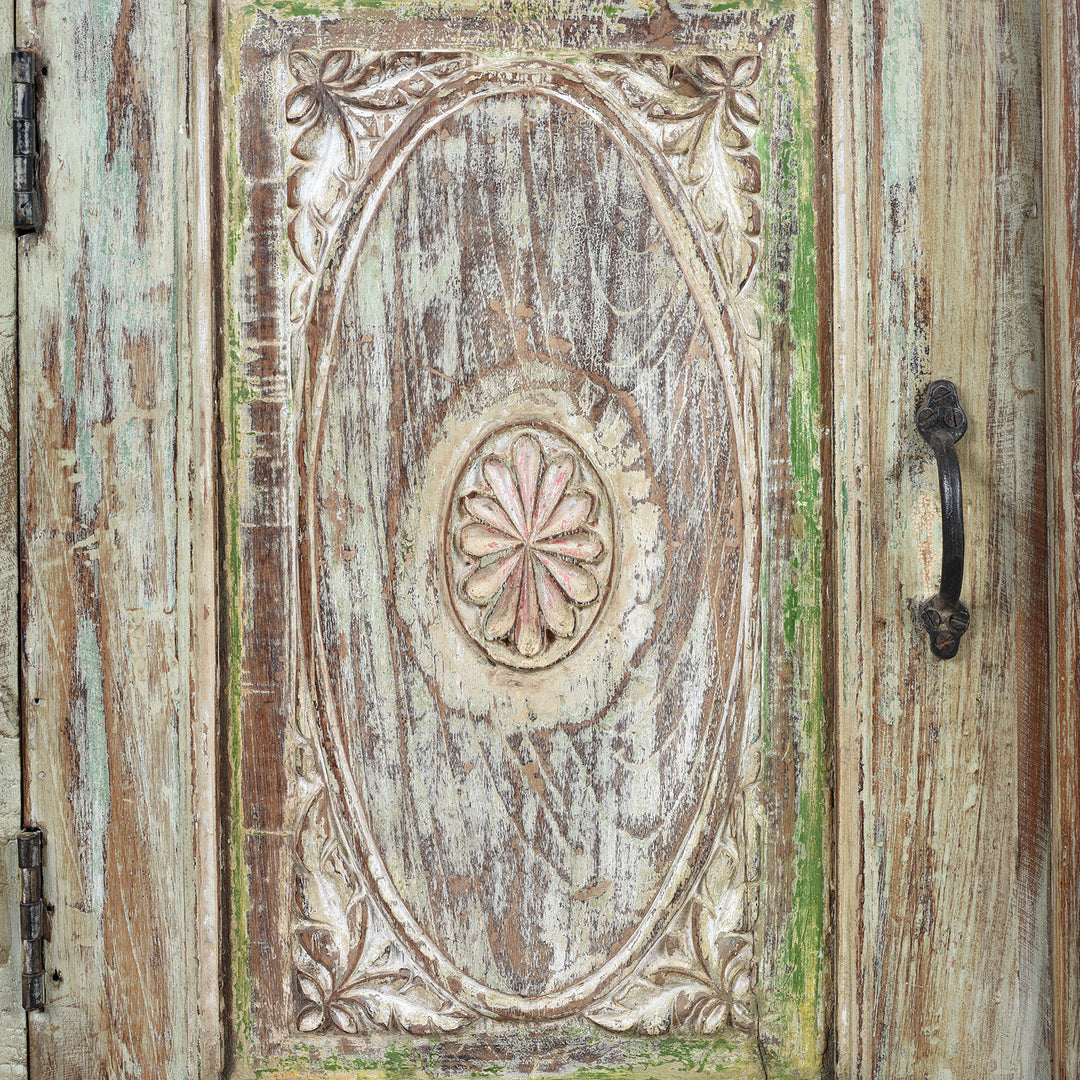 Carving Detail From Door Panel On Green Painted Carved Indian Reclaimed Wood Sideboard