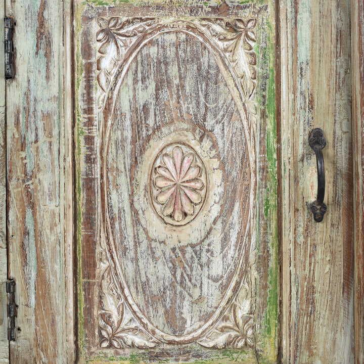 Carving Detail From Door Panel On Green Painted Carved Indian Reclaimed Wood Sideboard