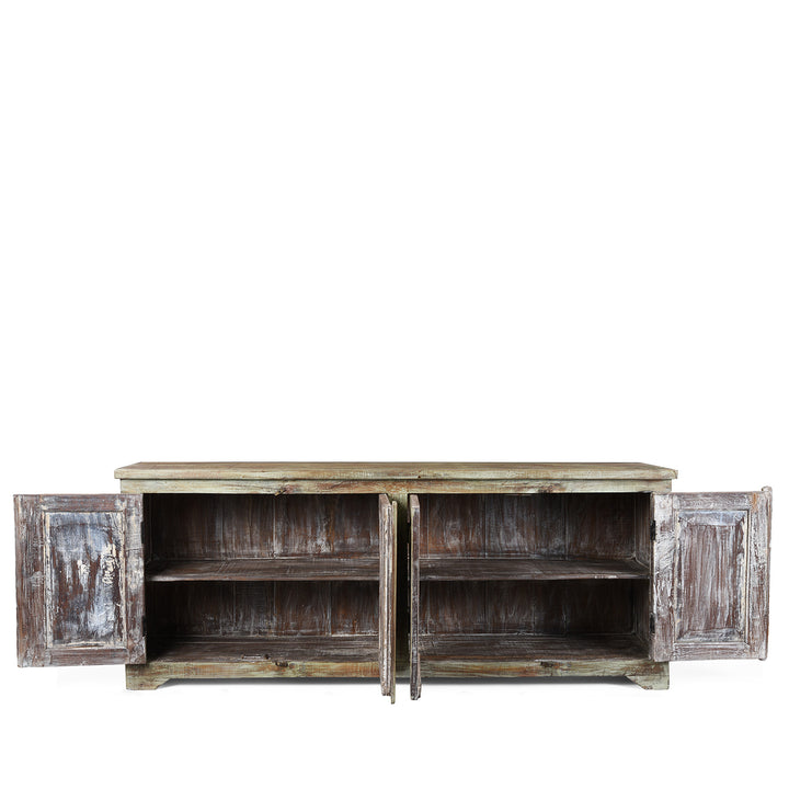 Interior Of Green Painted Carved Indian Reclaimed Wood Sideboard