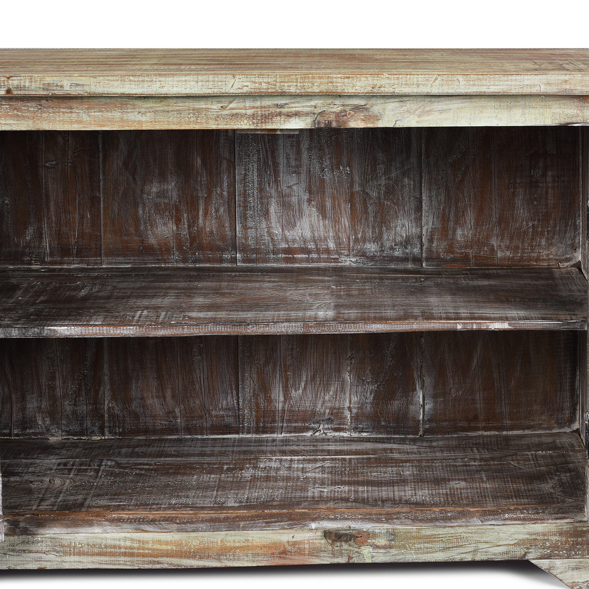 Interior Shelf Detail From Green Painted Carved Indian Reclaimed Wood Sideboard