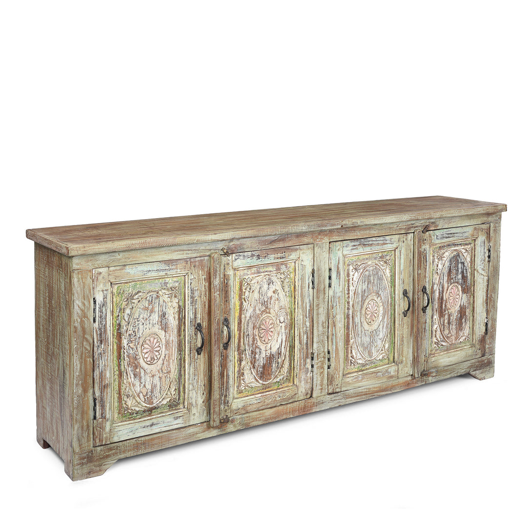 Angled View Showing Depth Of Green Painted Carved Indian Reclaimed Wood Sideboard
