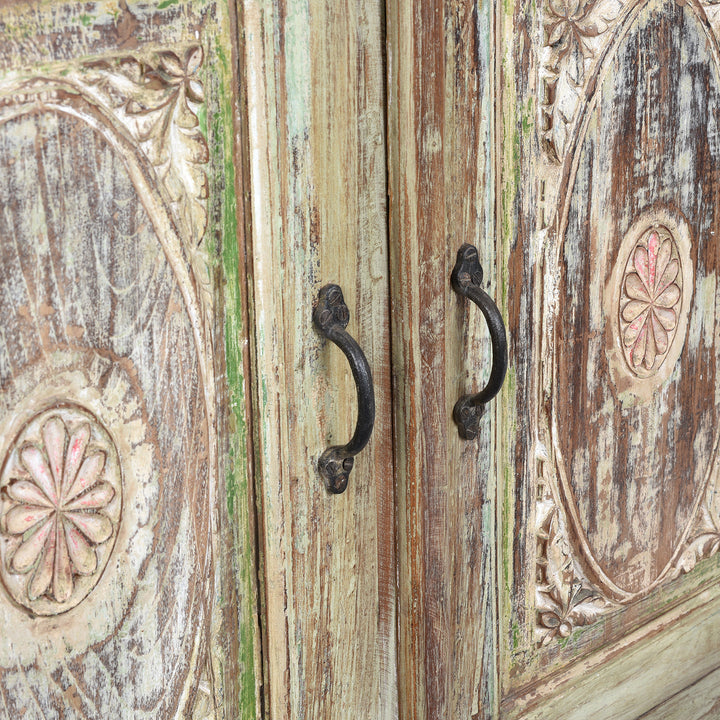 Handle Detail From Green Painted Carved Indian Reclaimed Wood Sideboard