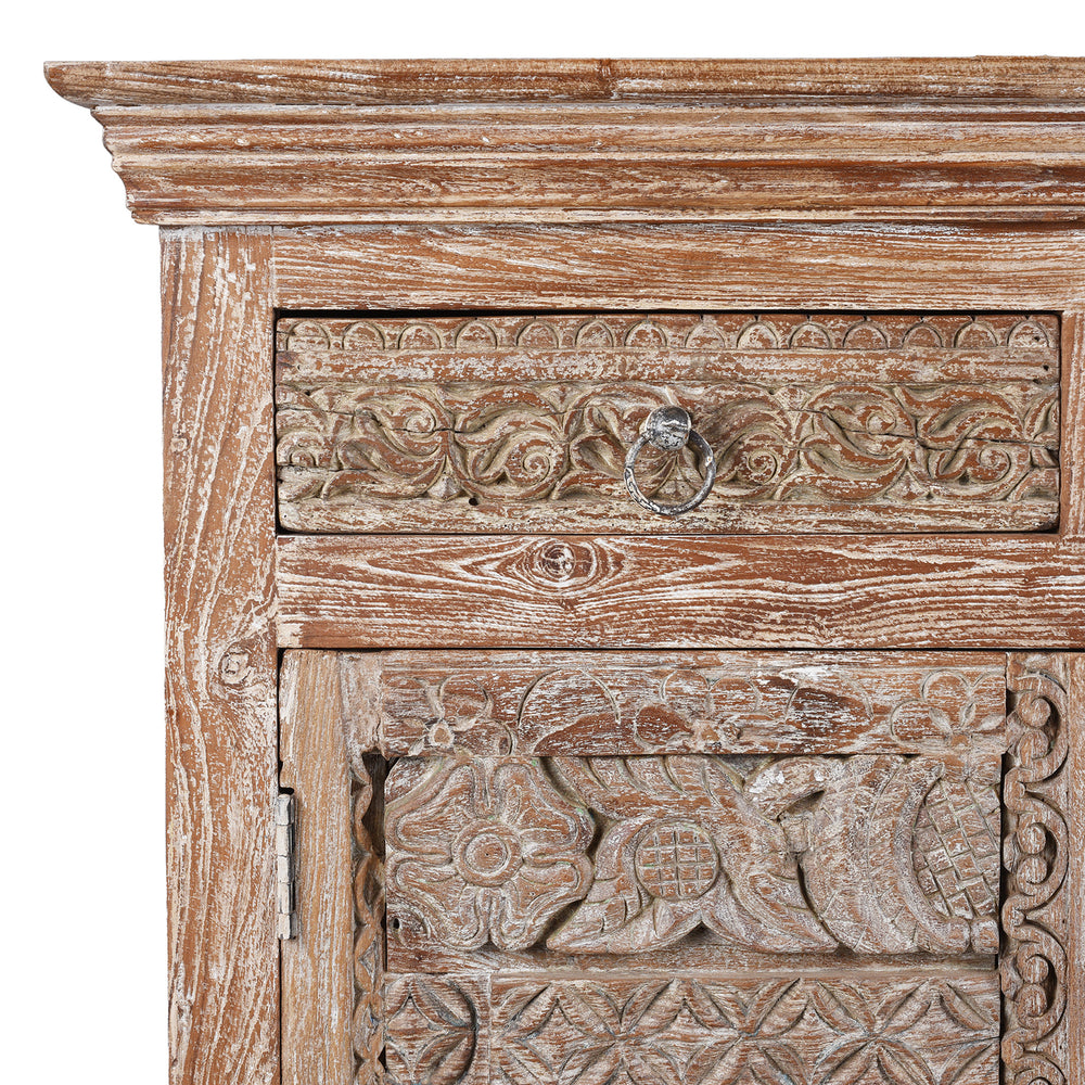 Corner Detail From Reclaimed 2 Door Indian Side Cabinet With Old Carvings | Indigo Antiques
