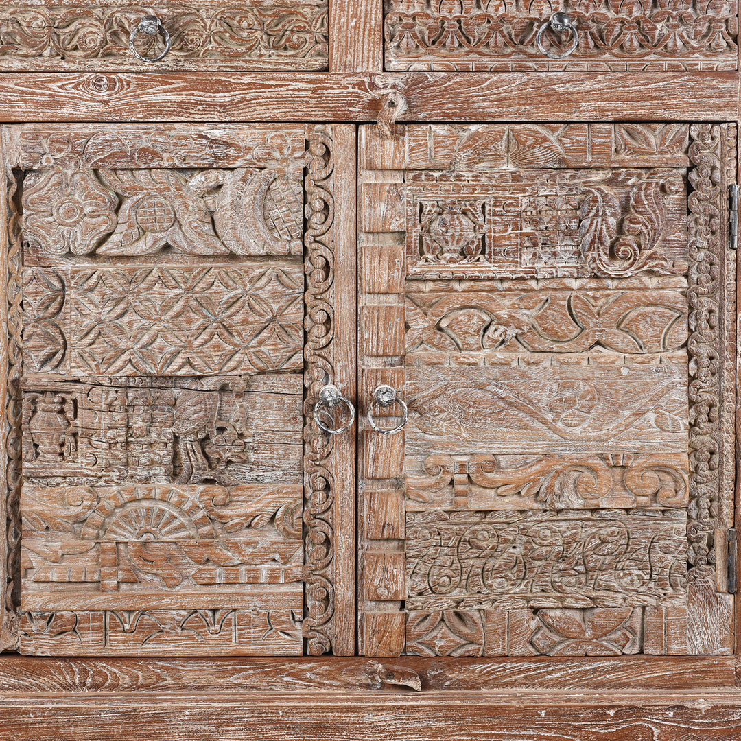 Door Detail From Reclaimed 2 Door Indian Side Cabinet With Old Carvings | Indigo Antiques