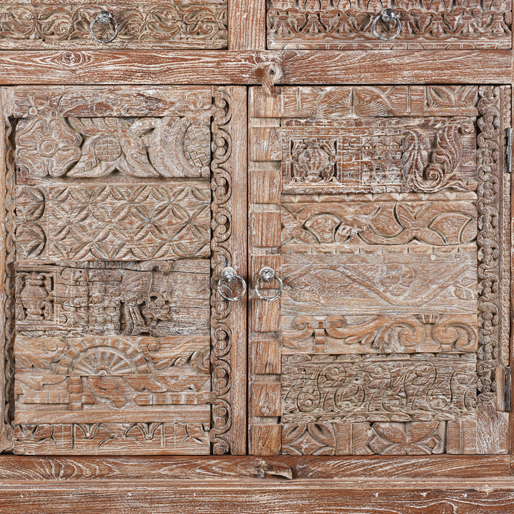 Door Detail From Reclaimed 2 Door Indian Side Cabinet With Old Carvings | Indigo Antiques
