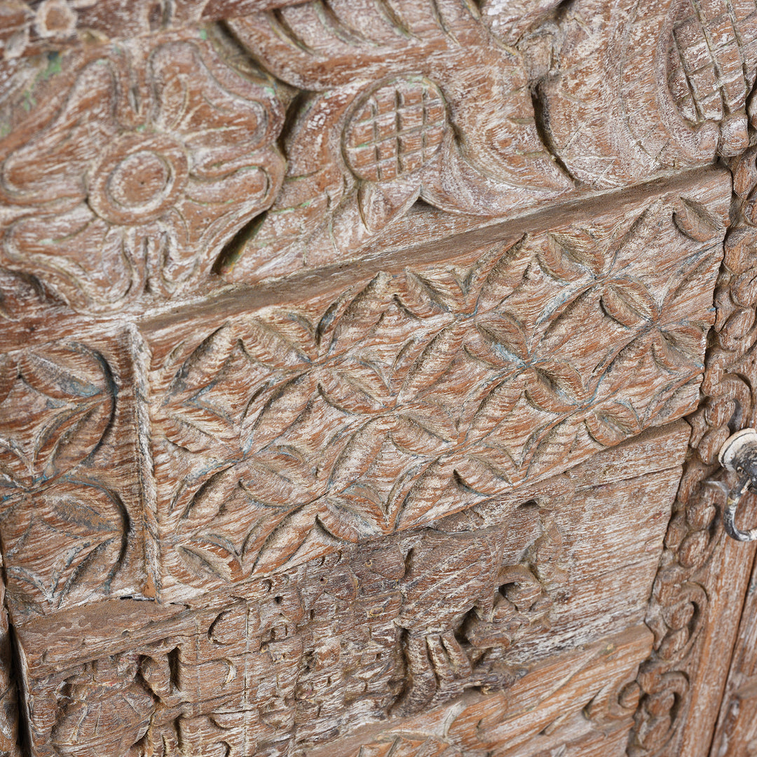 Carving Detail From Reclaimed 2 Door Indian Side Cabinet With Old Carvings | Indigo Antiques