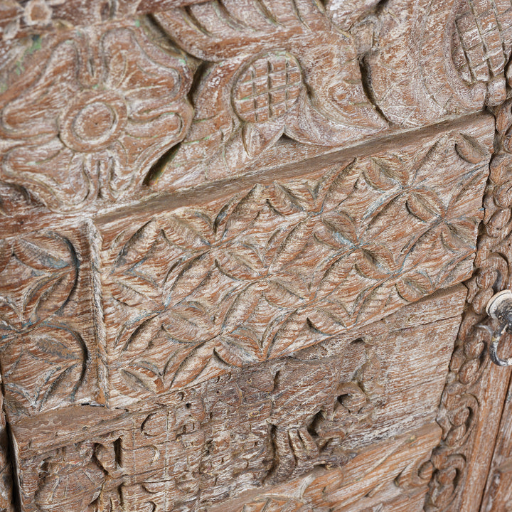 Carving Detail From Reclaimed 2 Door Indian Side Cabinet With Old Carvings | Indigo Antiques