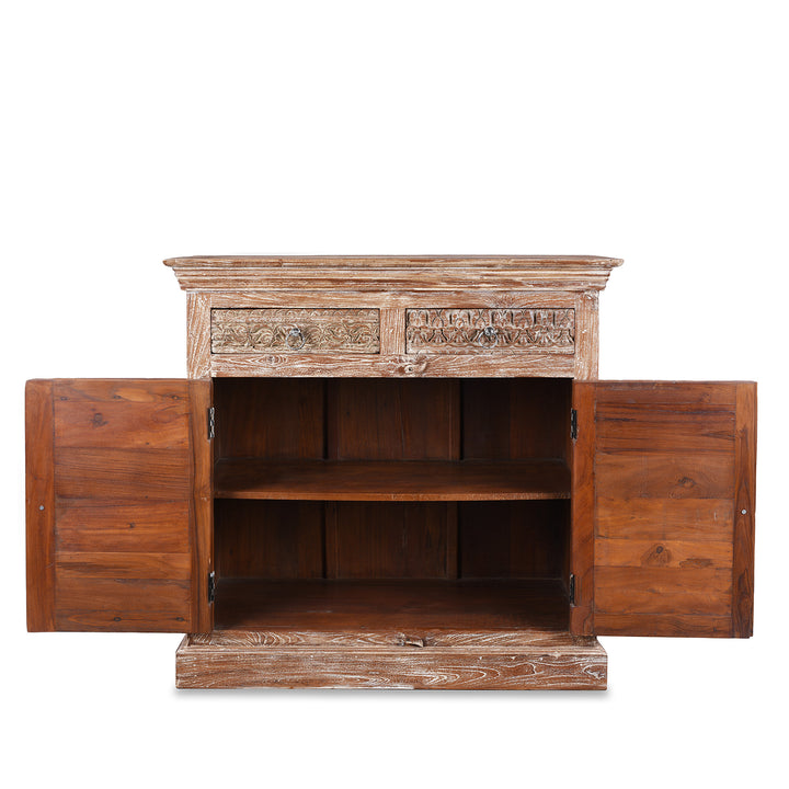 Open Doors View Of Reclaimed 2 Door Indian Side Cabinet With Old Carvings | Indigo Antiques