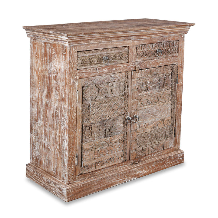 Angled VIew Of Reclaimed 2 Door Indian Side Cabinet With Old Carvings | Indigo Antiques