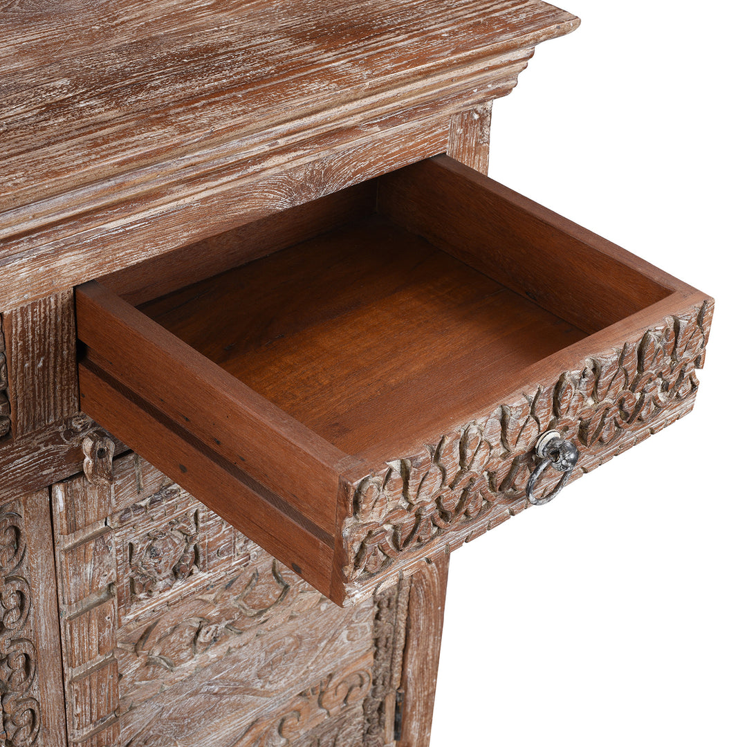 Drawer Detail From Reclaimed 2 Door Indian Side Cabinet With Old Carvings | Indigo Antiques