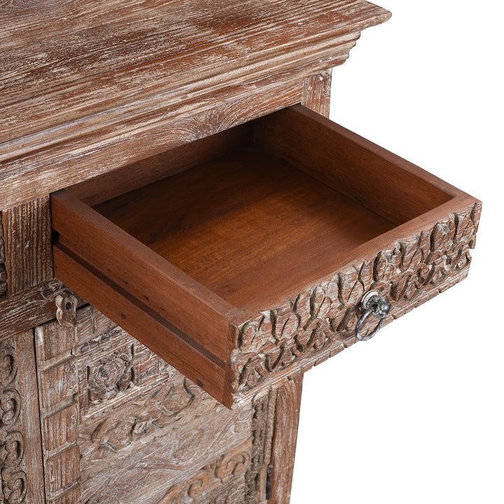 Drawer Detail From Reclaimed 2 Door Indian Side Cabinet With Old Carvings | Indigo Antiques