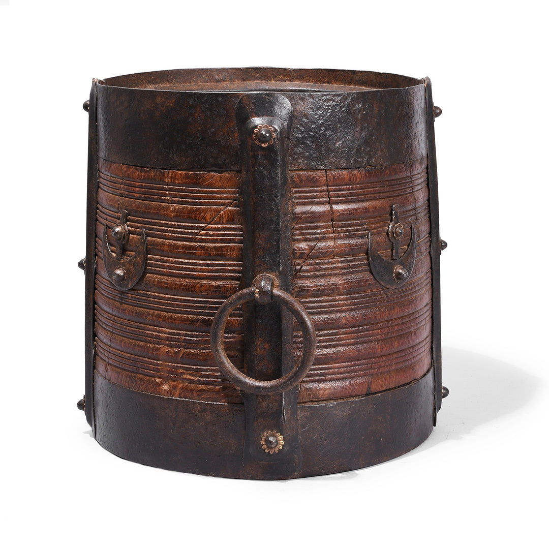 Wooden Grain Measure From Kerala With Forged Iron Binding And Crescent Clasps