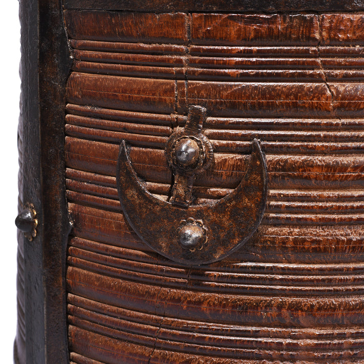 Detail From Wooden Grain Measure From Kerala With Forged Iron Binding And Crescent Clasps