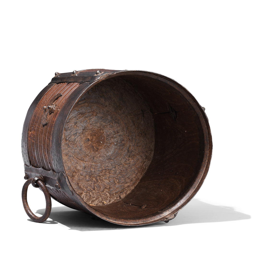 Interior Of Wooden Grain Measure From Kerala With Forged Iron Binding And Crescent Clasps