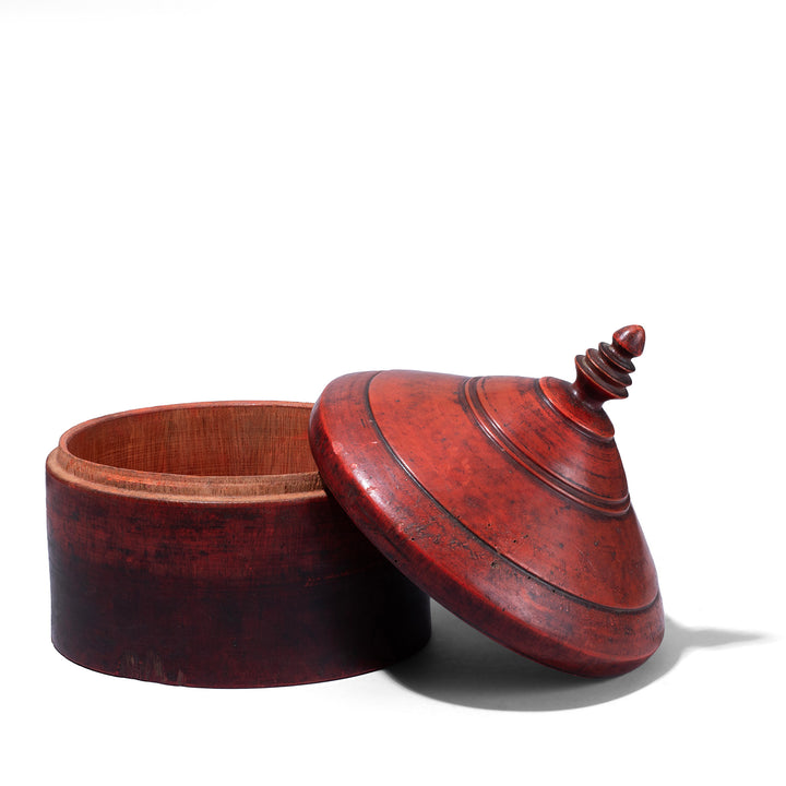 Indian Red Lacquer Pot From Uttar Pradesh With Finial Lid And Aged Patina