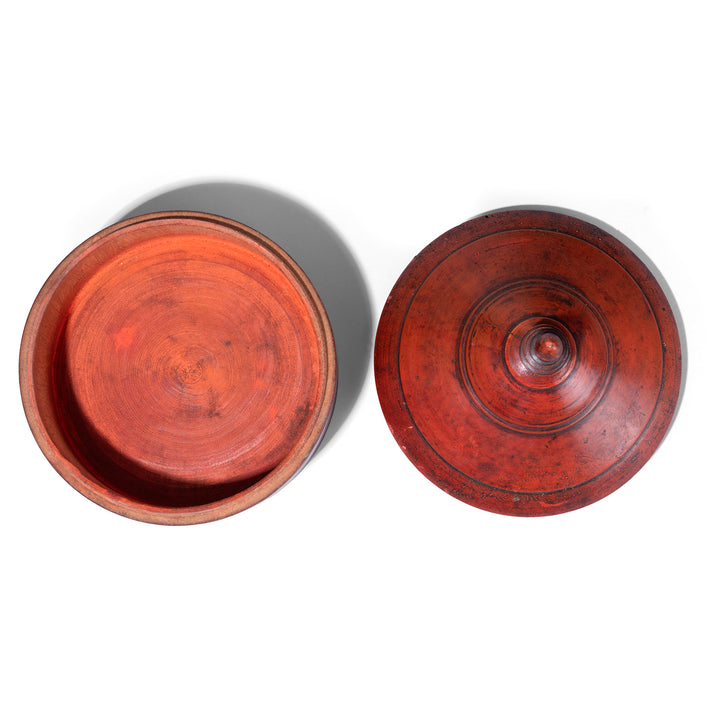 Interior Of Indian Red Lacquer Pot From Uttar Pradesh With Finial Lid And Aged Patina