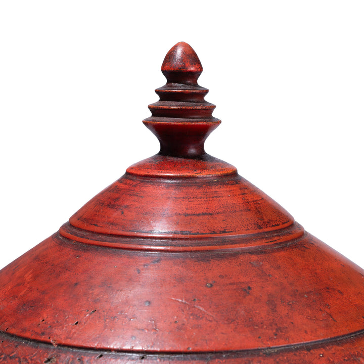 Lid Detail From Indian Red Lacquer Pot From Uttar Pradesh With Finial Lid And Aged Patina