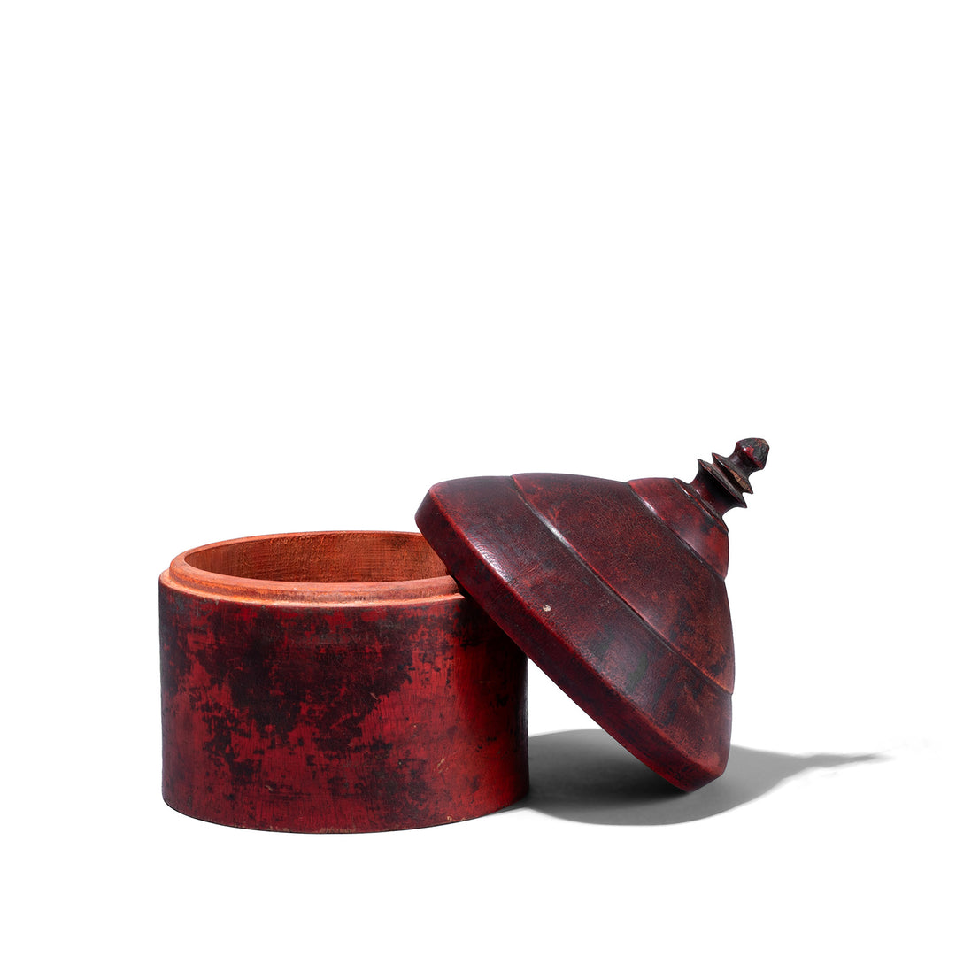 Indian Red Lacquer Pot From Uttar Pradesh With Finial Lid And Aged Patina