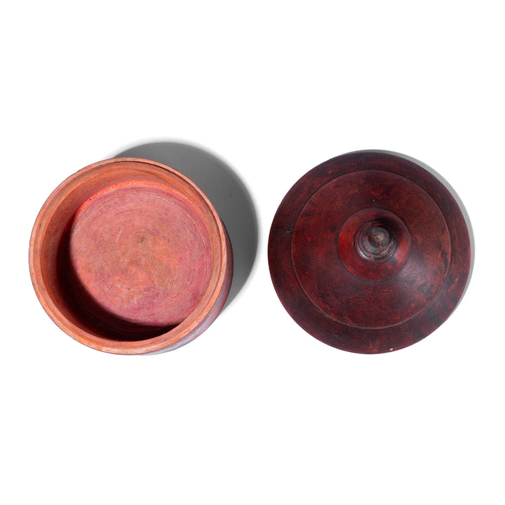 Interior Of Indian Red Lacquer Pot From Uttar Pradesh With Finial Lid And Aged Patina