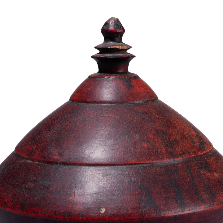 Lid Detail From Indian Red Lacquer Pot From Uttar Pradesh With Finial Lid And Aged Patina