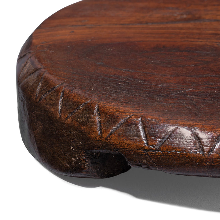 Carving Detail From Teak Chapati Board From Rajasthan With Zig Zag Carved Edge And Rich Patina 19th Century
