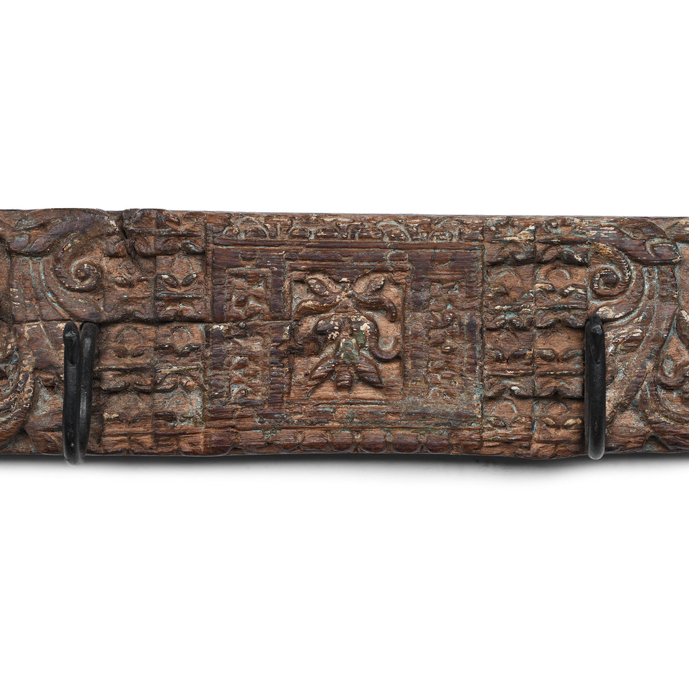 Central Carving Detail From Indian Carved Teak Coat Hook Made From Salvaged Architectural Panel