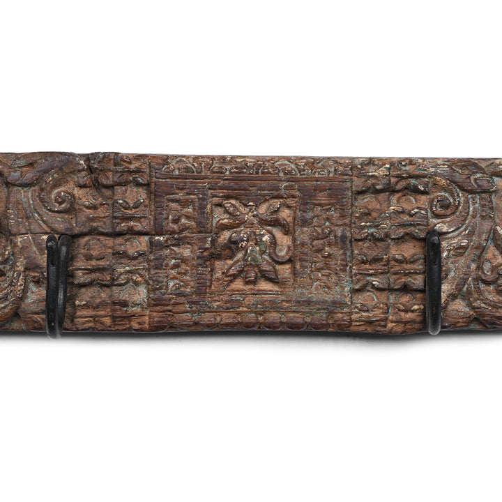 Central Carving Detail From Indian Carved Teak Coat Hook Made From Salvaged Architectural Panel