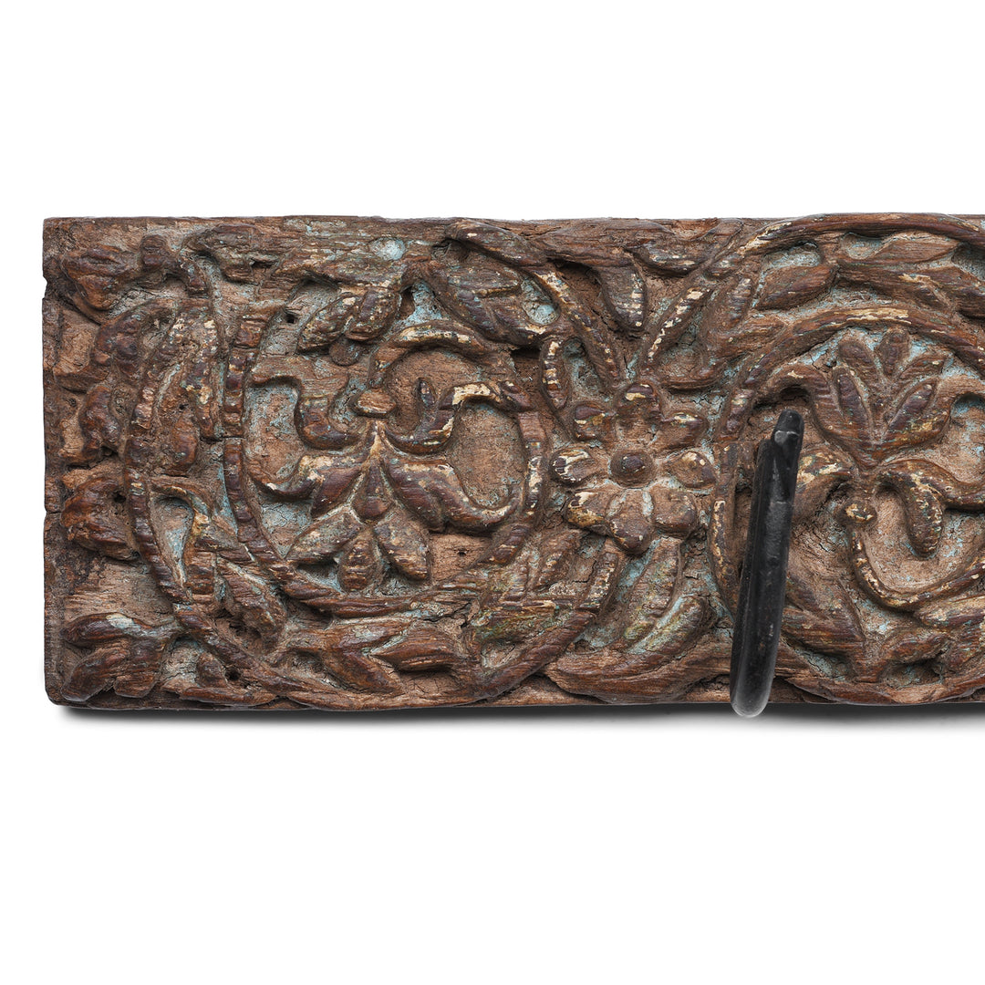 Carving Detail From Indian Carved Teak Coat Hook Made From Salvaged Architectural Panel